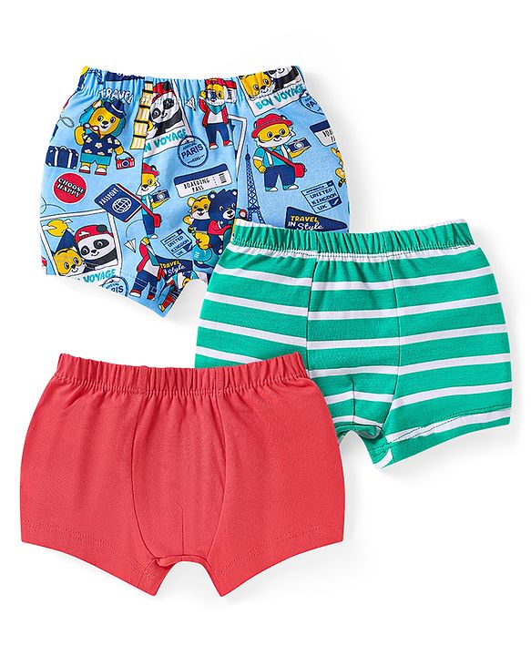 Babyhug 100% Cotton Knit Trunks with Stripes & Bear Print Pack of 3 - Red Blue & Mint Green