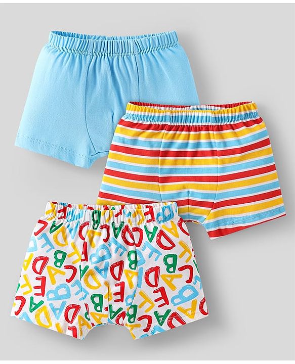 Babyhug 100% Cotton Single Jersey Knit Trunks With Stripes & Alphabet Print Pack Of 3 - Yellow & Light Blue