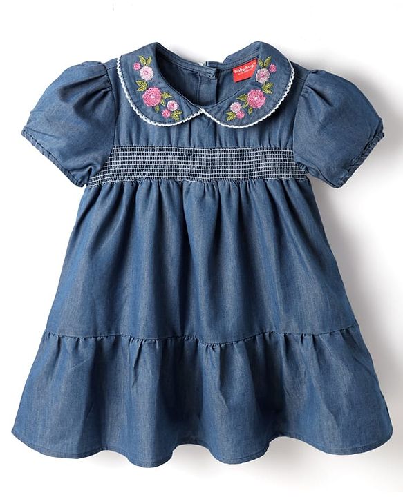Babyhug Denim Woven Half Sleeves Peter Pan Collar Frock With Floral Embroidery - Blue