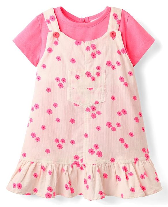 Babyhug Cotton Knit Floral Printed Frock with Half Sleeves Inner Tee - Pink
