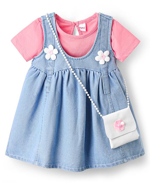 Babyhug Cotton Knit  Half Sleeves Frock & Inner T-Shirt With Floral Applique - Pink & Blue