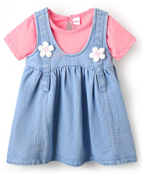 Babyhug Cotton Knit  Half Sleeves Frock & Inner T-Shirt With Floral Applique - Pink & Blue