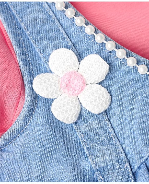 Babyhug Cotton Knit  Half Sleeves Frock & Inner T-Shirt With Floral Applique - Pink & Blue