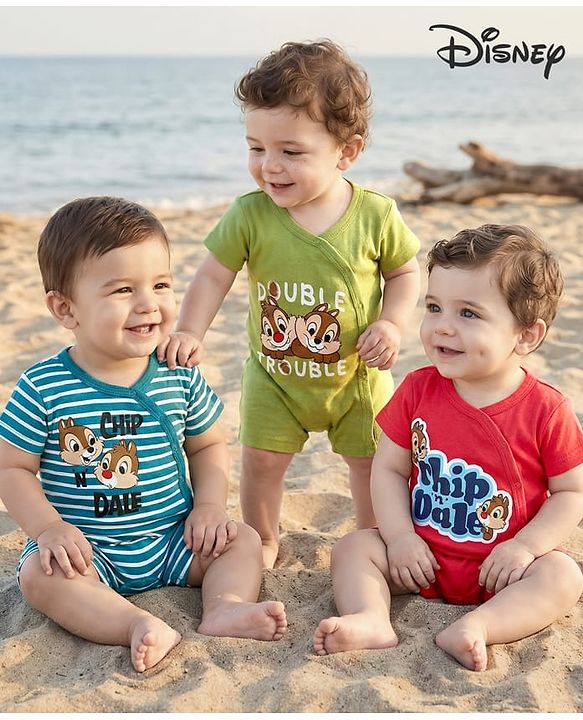 Babyhug Disney Interlock Knit Half Sleeves Front Open Rompers With Chip N Dale Graphics Pack of 3 - Green Blue & Red