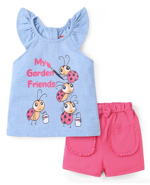 Babyhug Single Jersey Knit Frill Sleeves Halter Neck Top & Shorts Set with Ladybird Print - Light Blue & Dark Pink