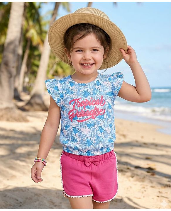 Babyhug Single Jersey Knit Frill Sleeves Top & Shorts Set with Tropical Theme Puff Print & Bow Applique - Light Blue & Pink