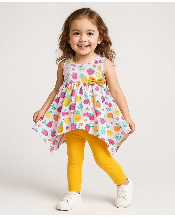 Babyhug Single Jersey Knit Sleeveless Fruits & Floral Printed Top & Leggings Set with Bow Applique - Yellow & White