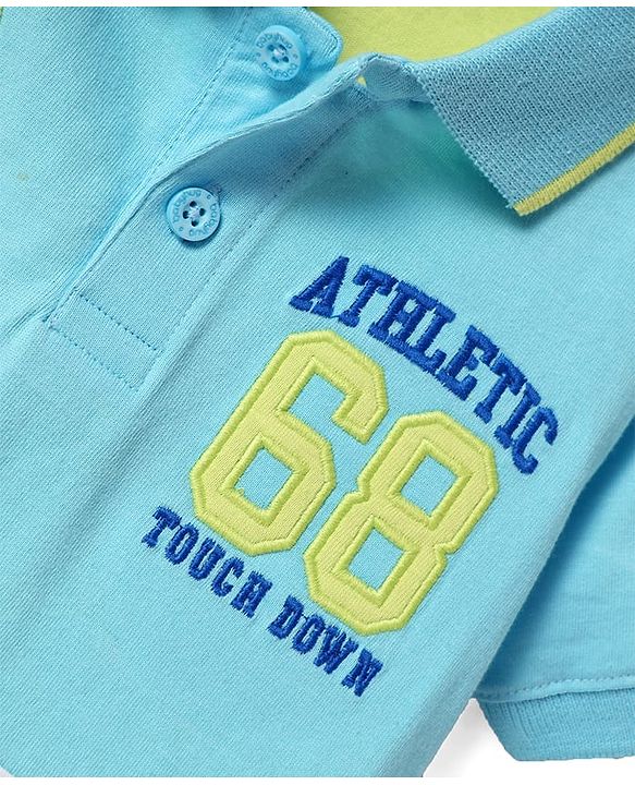 Babyhug Cotton Knit Half Sleeves Cut & Sew Polo T-Shirt With Athletic Text Embroidery - Limegreen & Light Blue