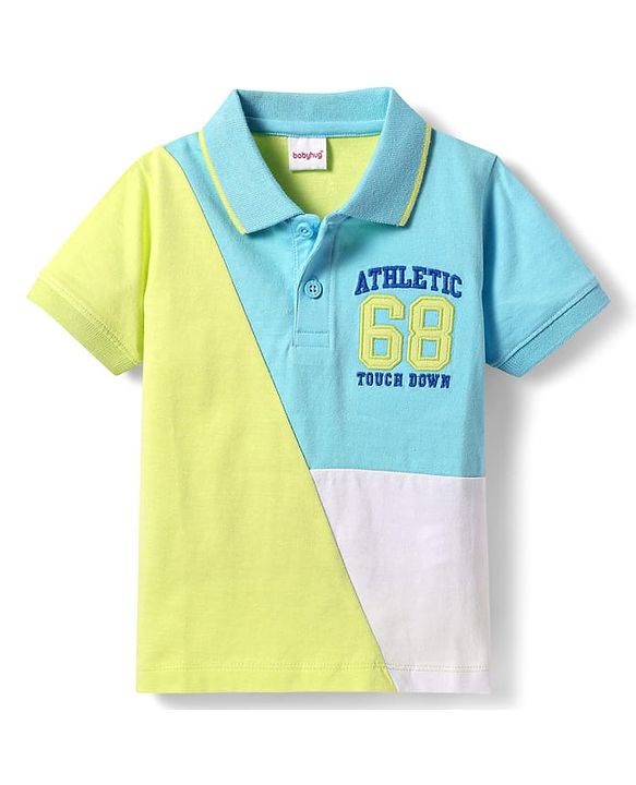 Babyhug Cotton Knit Half Sleeves Cut & Sew Polo T-Shirt With Athletic Text Embroidery - Limegreen & Light Blue