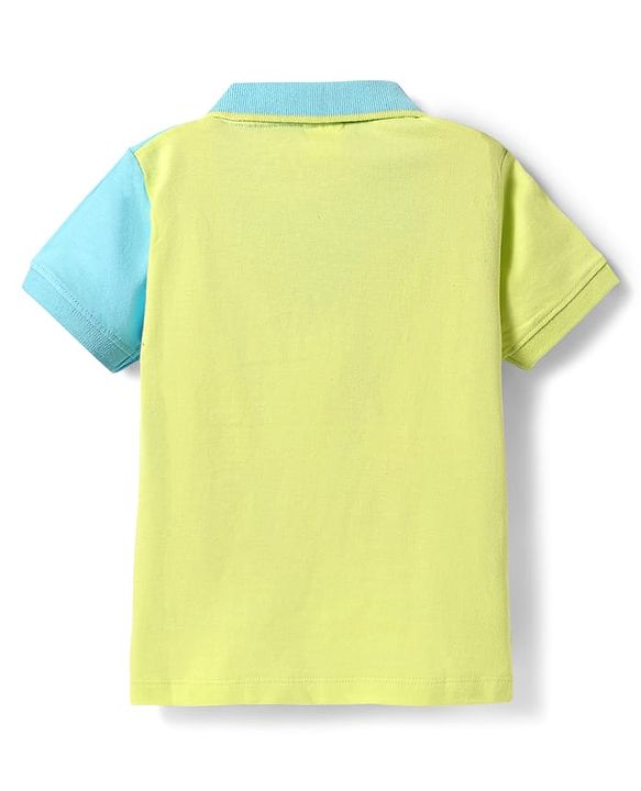 Babyhug Cotton Knit Half Sleeves Cut & Sew Polo T-Shirt With Athletic Text Embroidery - Limegreen & Light Blue