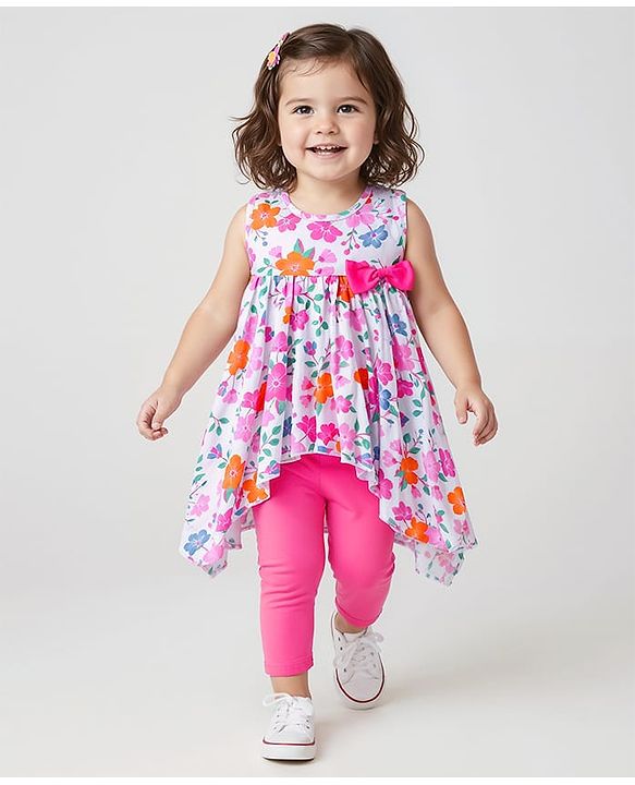 Babyhug Single Jersey Knit Sleeveless Top & Leggings Set with Floral Print & Bow Applique - Pink & White