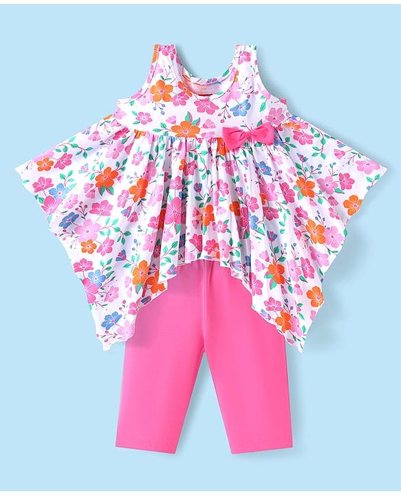 Babyhug Single Jersey Knit Sleeveless Top & Leggings Set with Floral Print & Bow Applique - Pink & White