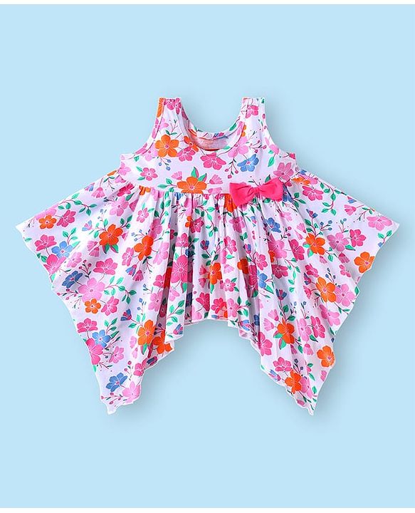 Babyhug Single Jersey Knit Sleeveless Top & Leggings Set with Floral Print & Bow Applique - Pink & White