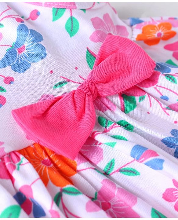 Babyhug Single Jersey Knit Sleeveless Top & Leggings Set with Floral Print & Bow Applique - Pink & White