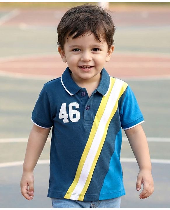 Babyhug Cotton Knit Half Sleeves Cut & Sew Polo T-Shirt With Number Patch Detailing - Navy Blue