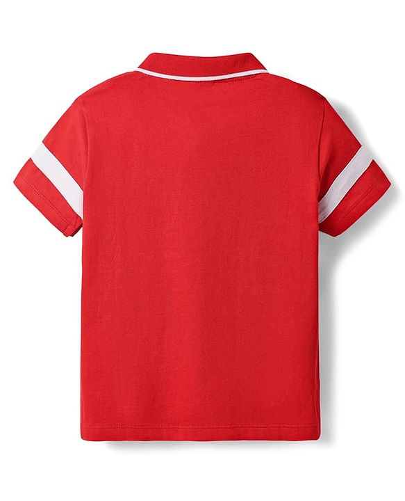 Babyhug Cotton Knit Half Sleeves Cut & Sew Polo T-Shirt With Stripes & Newport Patch Embroidery - Red