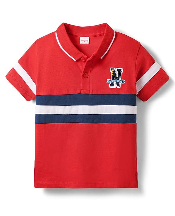 Babyhug Cotton Knit Half Sleeves Cut & Sew Polo T-Shirt With Stripes & Newport Patch Embroidery - Red