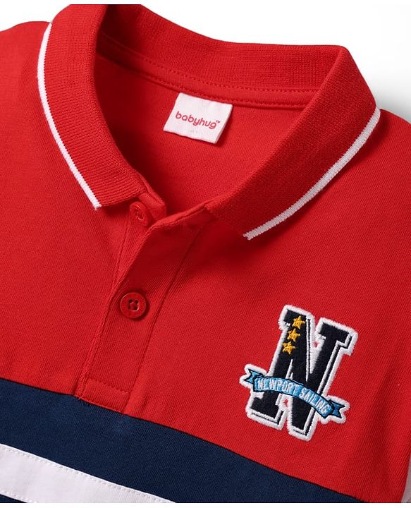 Babyhug Cotton Knit Half Sleeves Cut & Sew Polo T-Shirt With Stripes & Newport Patch Embroidery - Red