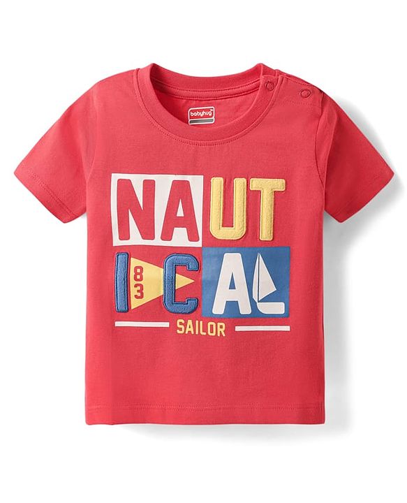 Babyhug Cotton  Knit Half Sleeves T-Shirt With Nautical Text Print - Red