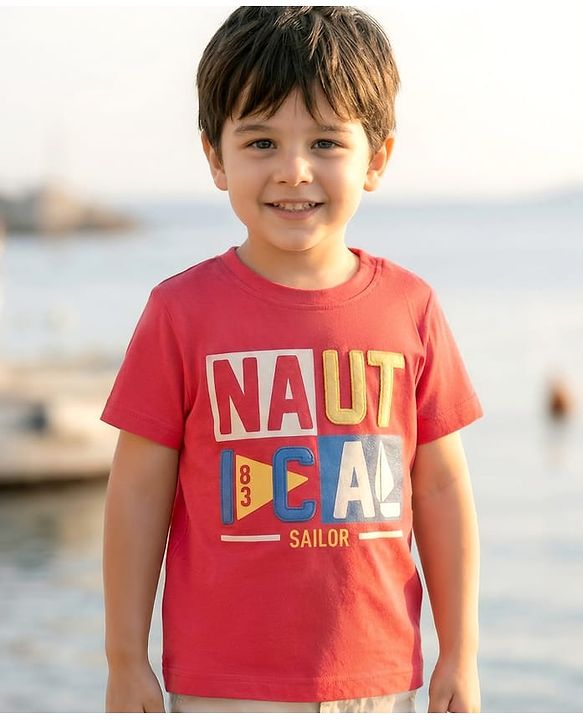 Babyhug Cotton  Knit Half Sleeves T-Shirt With Nautical Text Print - Red