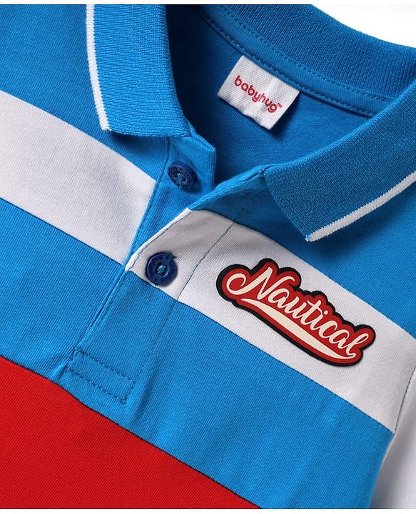 Babyhug Cotton Knit Half Sleeves Cut & Sew Polo T-Shirt With Stripes & Nautical Text Print Badge - Blue & White