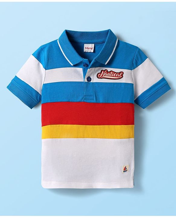 Babyhug Cotton Knit Half Sleeves Cut & Sew Polo T-Shirt With Stripes & Nautical Text Print Badge - Blue & White