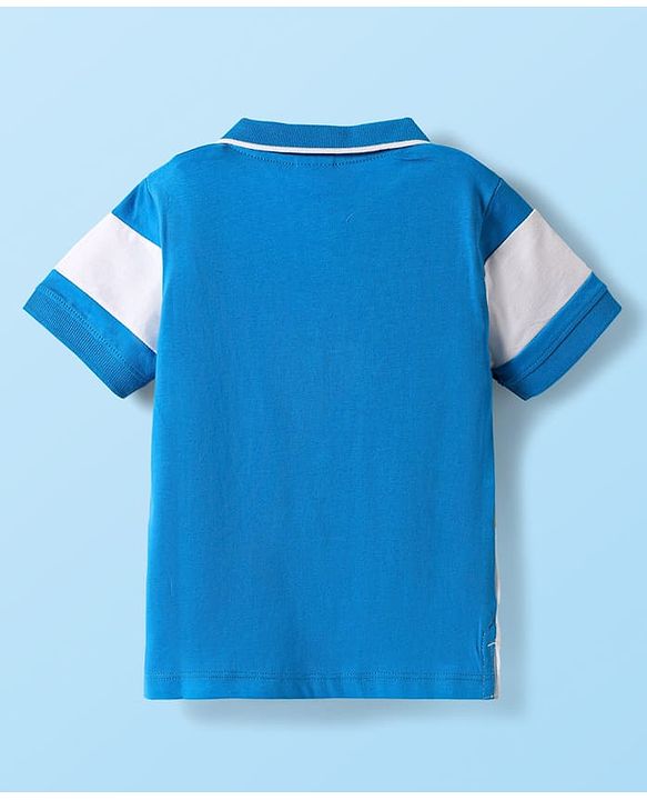 Babyhug Cotton Knit Half Sleeves Cut & Sew Polo T-Shirt With Stripes & Nautical Text Print Badge - Blue & White