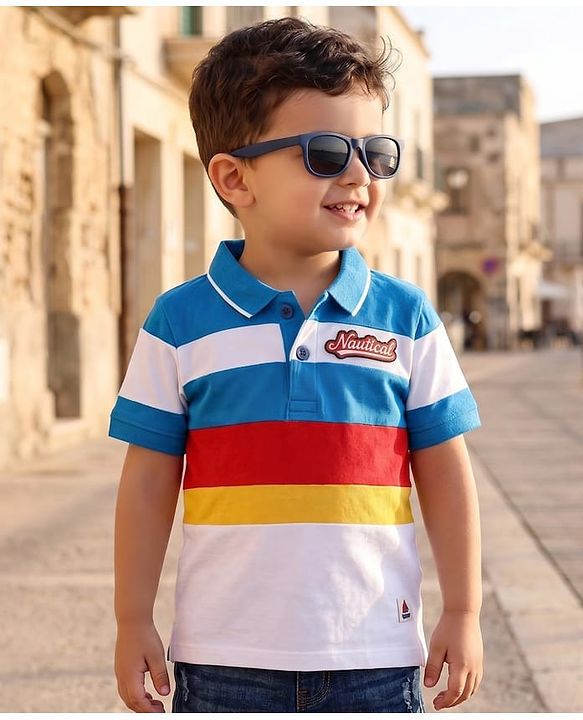 Babyhug Cotton Knit Half Sleeves Cut & Sew Polo T-Shirt With Stripes & Nautical Text Print Badge - Blue & White