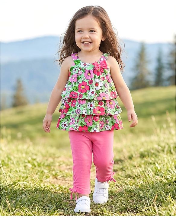 Babyhug Single Jersey Knit Sleeveless Top & Legging Set With Floral Print - Pink