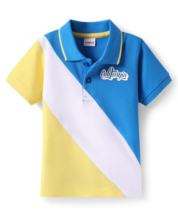 Babyhug Cotton Knit Half Sleeves  Cut & Sew Polo T-Shirt With California Text Print - Blue & Yellow