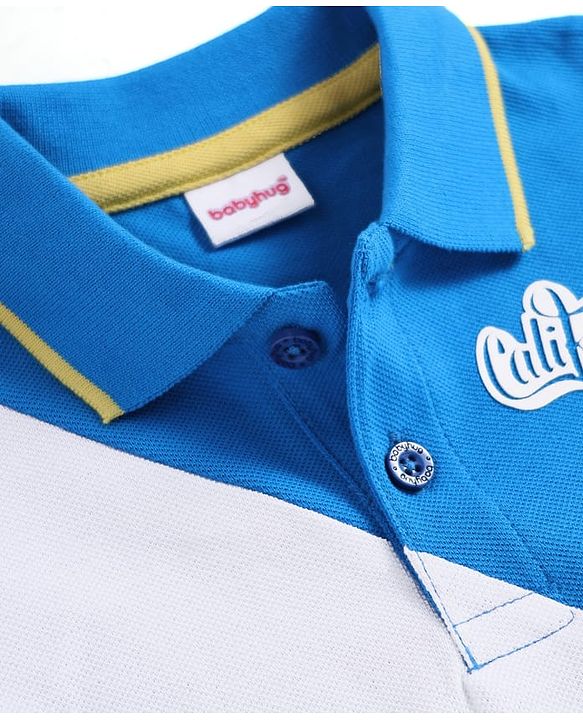 Babyhug Cotton Knit Half Sleeves  Cut & Sew Polo T-Shirt With California Text Print - Blue & Yellow