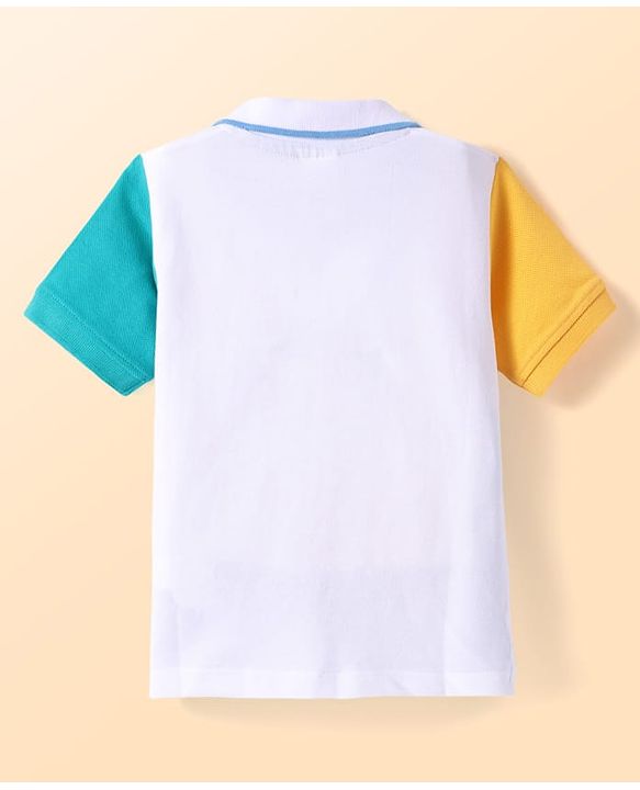 Babyhug Cotton Knit Half Sleeves  Cut & Sew Polo T-Shirt With Sailing Text Print - Blue & Yellow