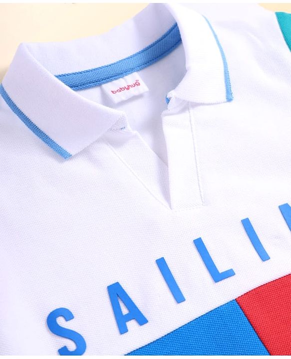 Babyhug Cotton Knit Half Sleeves  Cut & Sew Polo T-Shirt With Sailing Text Print - Blue & Yellow