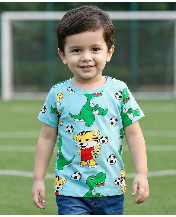 Babyhug Cotton Knit Half Sleeves T-Shirt with Animal Print - Aqua Blue