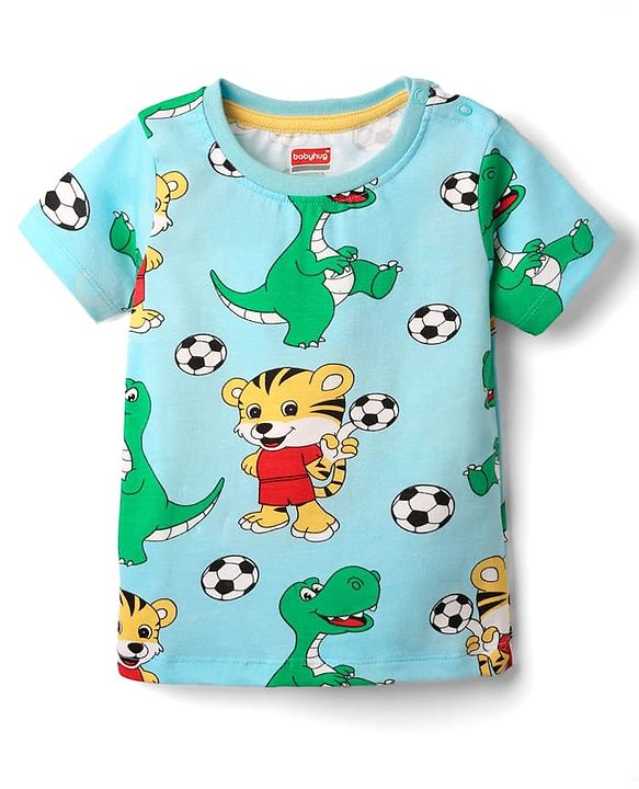 Babyhug Cotton Knit Half Sleeves T-Shirt with Animal Print - Aqua Blue