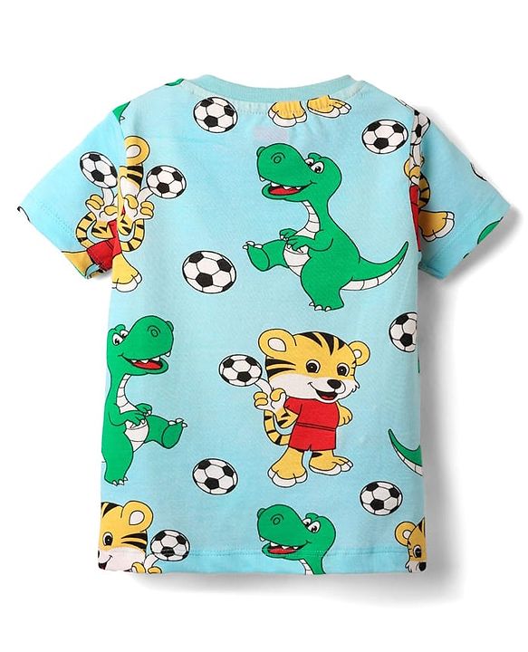 Babyhug Cotton Knit Half Sleeves T-Shirt with Animal Print - Aqua Blue