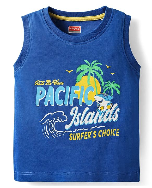 Babyhug Cotton Knit Sleeveless Tank T-Shirt With Pacific Island Text Print- Navy Blue