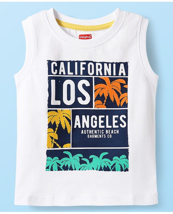 Babyhug Cotton Knit Sleeveless Tank T-Shirt With Los Angeles Text Print - White