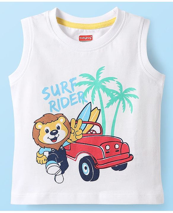 Babyhug Cotton Knit Sleeveless Tank T-Shirt With Animal & Surf Rider Text Print - White