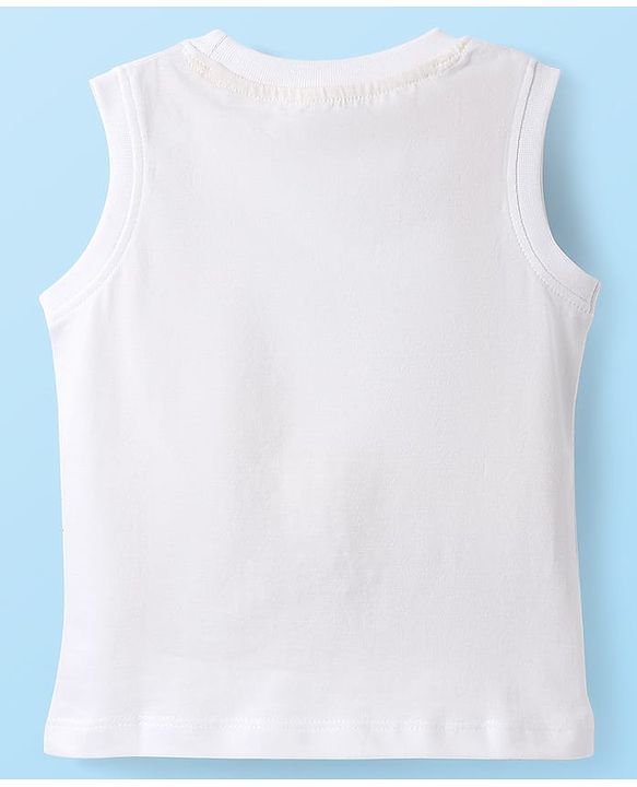 Babyhug Cotton Knit Sleeveless Tank T-Shirt With Animal & Surf Rider Text Print - White