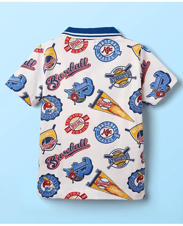 Babyhug 100% Cotton Knit Polo T-Shirt with Baseball Theme Print - White