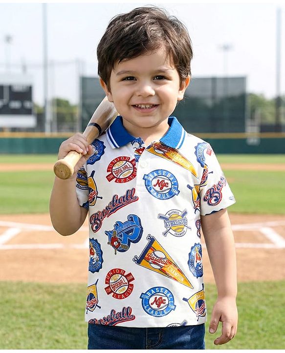 Babyhug 100% Cotton Knit Polo T-Shirt with Baseball Theme Print - White