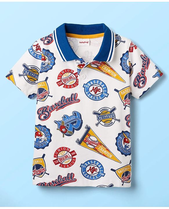 Babyhug 100% Cotton Knit Polo T-Shirt with Baseball Theme Print - White