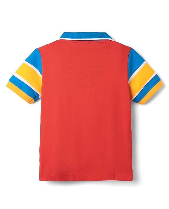 Babyhug 100% Cotton Knit Striped Polo T-Shirt with Badge Detailing - Red