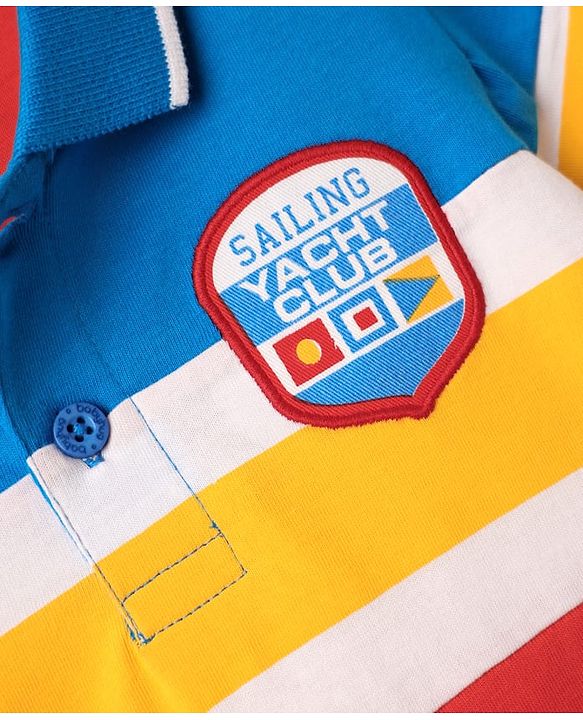 Babyhug 100% Cotton Knit Striped Polo T-Shirt with Badge Detailing - Red