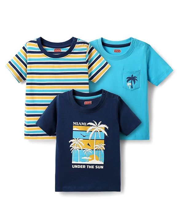 Babyhug Cotton Knit Half Sleeves T-Shirts with Tropical Theme Print & Stripes Pack of 3 - Navy & Aqua Blue