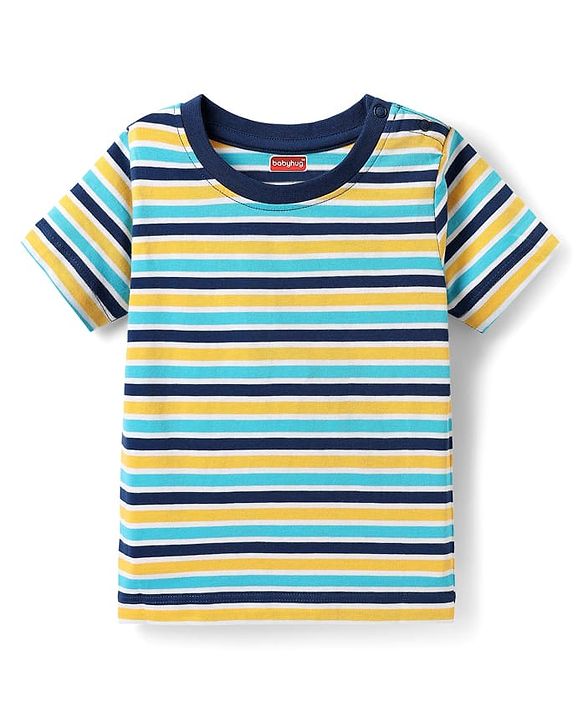 Babyhug Cotton Knit Half Sleeves T-Shirts with Tropical Theme Print & Stripes Pack of 3 - Navy & Aqua Blue