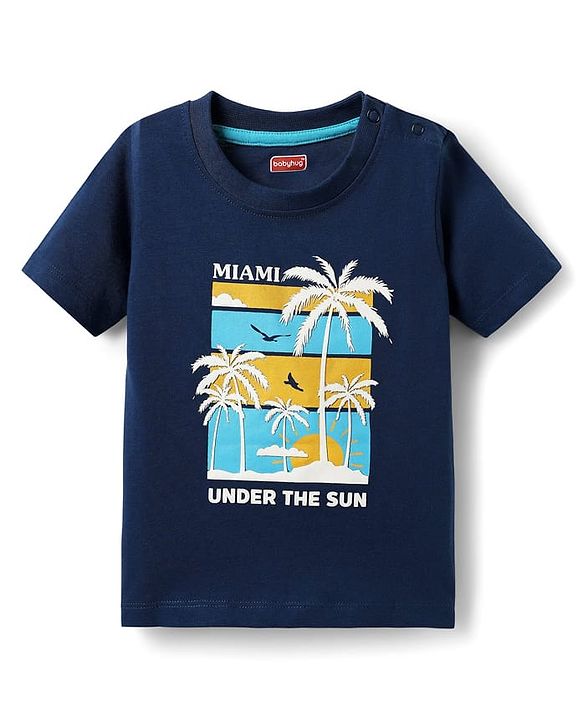 Babyhug Cotton Knit Half Sleeves T-Shirts with Tropical Theme Print & Stripes Pack of 3 - Navy & Aqua Blue