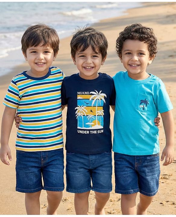 Babyhug Cotton Knit Half Sleeves T-Shirts with Tropical Theme Print & Stripes Pack of 3 - Navy & Aqua Blue