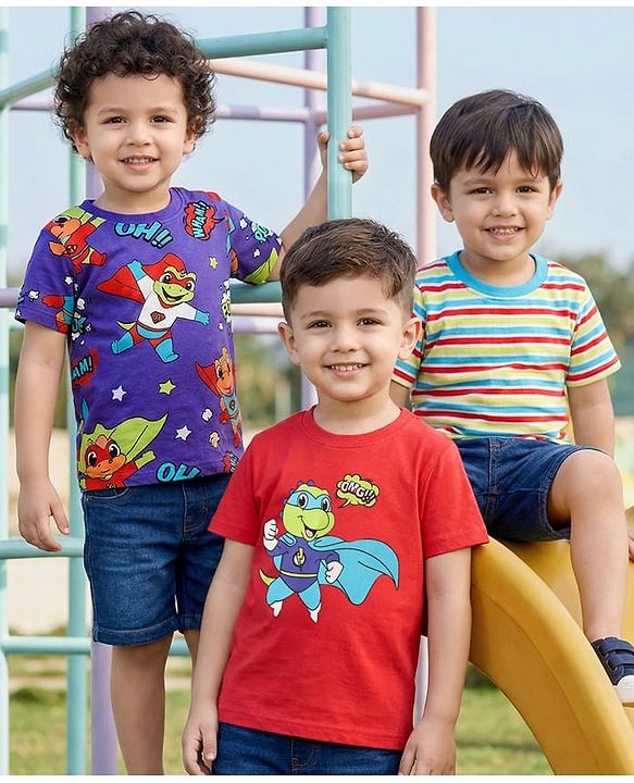 Babyhug Cotton Knit Half Sleeves T-Shirts with Dino Print & Stripes Pack of 3 - Navy Blue & Red
